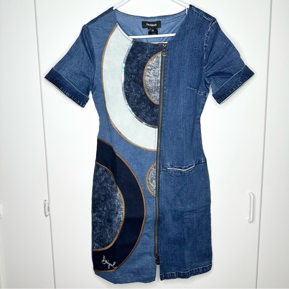 NWT Desigual Blue Denim Short Sleeve Mini Jean Dress Size 34 US 4 - Picture 4 of 16